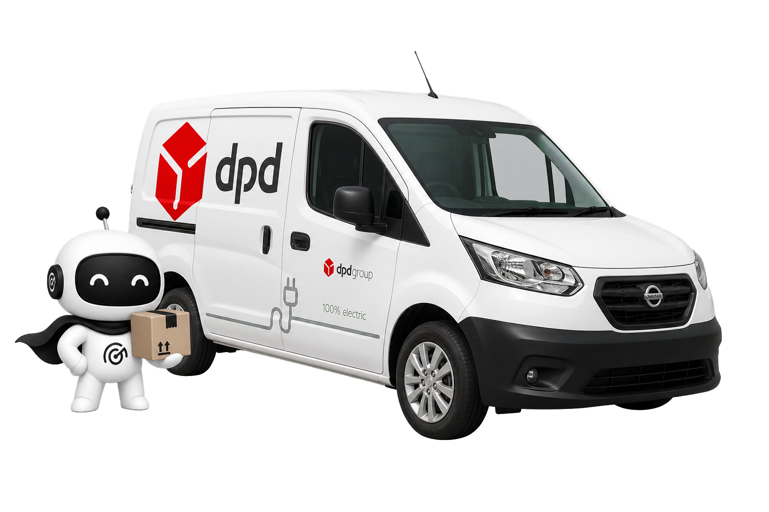 มาสคอต ParcelRadar ยืนข้างรถขนส่ง DPD